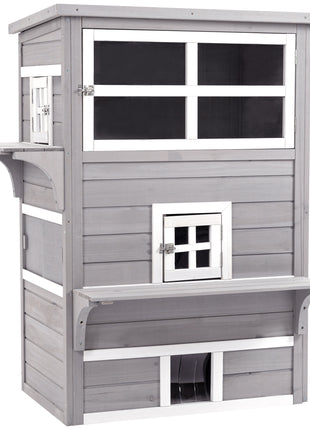 Outdoor Cat House, 3-Tier Kitty Shelter with 5 Escape Doors, Weather Resistant, Gray & White