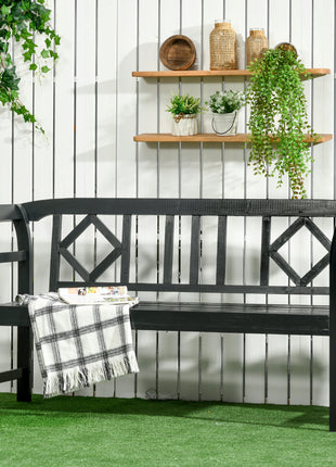 Wooden Patio Bench, Outdoor Garden Bench with Backrest and Armrests, 3 Person Porch Bench with Rustic Country Diamond Pattern, Black