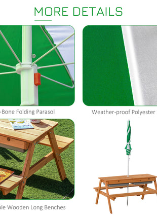 Kids 3 in 1 Sand and Water Table, Wooden Outdoor Convertible Picnic Table with Umbrella and Storage Inside, Bench Backyard Furniture for Garden, Patio, or Balcony