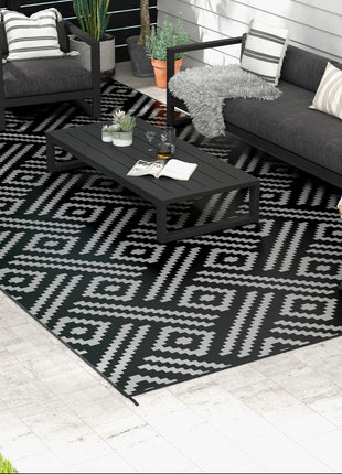 Reversible Outdoor Rug Carpet RV Camping Rugs with Carry Bag, 9' x 18', Black & Gray Geometric