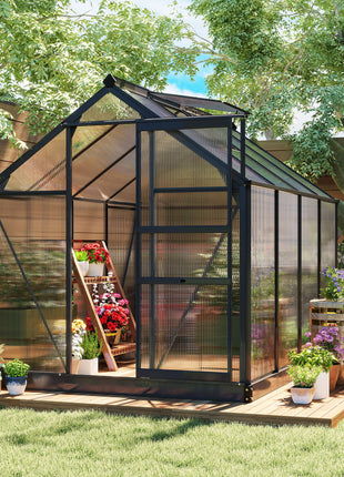 Polycarbonate Greenhouse, Heavy Duty Outdoor Aluminum Walk-in Green House Kit Vent Door, 6.2'x8.3'x6.6' Gray
