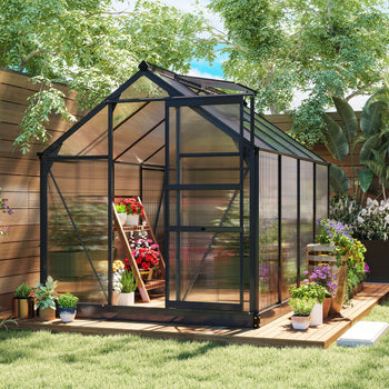 Polycarbonate Greenhouse, Heavy Duty Outdoor Aluminum Walk-in Green House Kit Vent Door, 6.2'x8.3'x6.6' Gray
