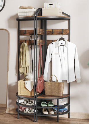 Corner Hall Tree, Industrial 4-Tier Coat Rack with Shoe Storage, 8 Movable Hooks and 2 Shelves for Hallway, Rustic Brown