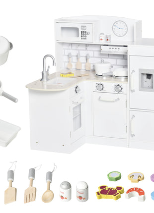 Corner Kids Kitchen Playset, Wooden Pretend Toy Kitchen Set with Drinking Fountain, Microwave, Fridge and Accessories, Pretend Play Kitchen for 3+ Years, White
