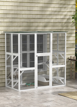 Outdoor Cat House Big Catio Wooden Feral Cat Shelter Enclosure with Large Spacious Interior, 6 High Ledges, Weather Protection Asphalt Roof, 71" L, White