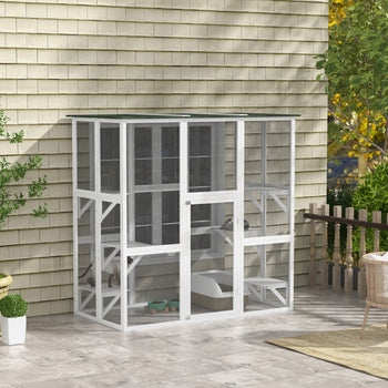 Outdoor Cat House Big Catio Wooden Feral Cat Shelter Enclosure with Large Spacious Interior, 6 High Ledges, Weather Protection Asphalt Roof, 71" L, White