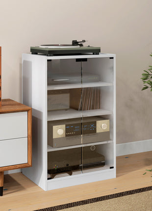 4-Tier Media Cabinet, Media Stand with Adjustable Shelves, Tempered Glass Doors, and Cable Management, Distressed White