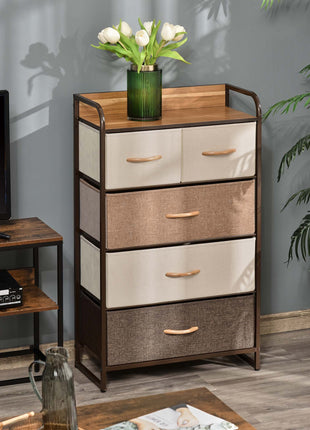 5-Drawer Fabric Dresser Tower, 4-Tier Storage Organizer with Steel Frame for Hallway, Bedroom, and Closet, Maple Wood
