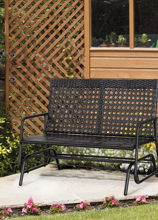 Patio 2-Person Wicker Glider Bench Rocking Chair, Outdoor All-Hand Woven PE Rattan Loveseat w/ Ergonomic Design Rocking System for Patio, Garden, Porch, Lawn, Black