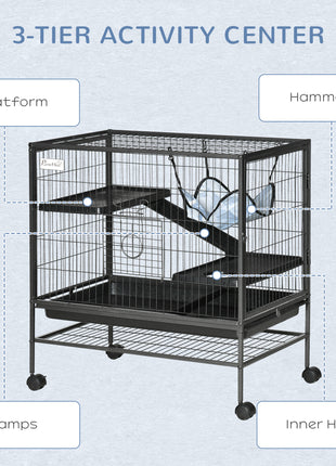 Small Animal Cage with Wheels, Pet Playpen for Rat, Syrian Hamster, Kitten, Ferrets, Chinchillas with Bottom Storage Shelf, Removable Tray, Ramp, 31.5" x 20.5" x 33.1"