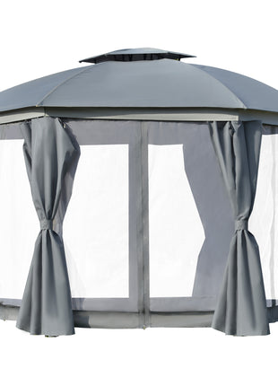 12' x 12' Round Outdoor Gazebo, Patio Dome Gazebo Canopy Shelter with Double Roof, Netting Sidewalls and Curtains, Zippered Doors, Strong Steel Frame, Grey