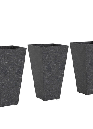 28" Tall Planters, Set of 3 Plastic Flower Pots with Marble Finish and Drainage Holes, Stackable Taper Planters, Black
