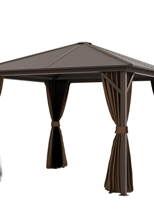 10' x 10' Hardtop Gazebo Canopy, Permanent Pavilion with Hook, Curtains, Aluminum Frame for Patio, Garden, Dark Brown