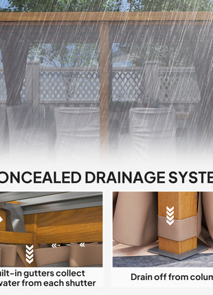10' x 13' Outdoor Retractable Pergola w/ Sun Shade Louvered Top, Pergola w/ Canopy, Curtains, Netting, Natural Wood
