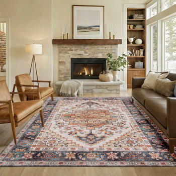 Area Rug 8x10, Machine Washable Rug, Non-Slip Boho Print Pattern Medallion Carpet for Living Room, Bedroom, Tawny Brown