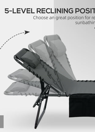 Folding Chaise Tanning Lounge Chair w/ 5-level Reclining Back, Reading Hole, Side Pocket, Headrest, Gray