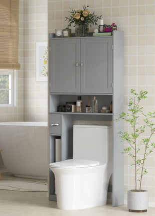 Modern Over the Toilet Storage Cabinet with 2 Doors, Above Commode Storage Cabinet with Toilet Paper Holder, Gray