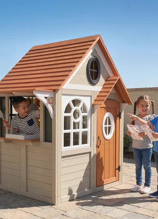 Outdoor Playhouse, Wooden Kids Playhouse with Dog Door, Cookware, Blackboard, Clock, Tic-Tac-Toe Roller for Backyard