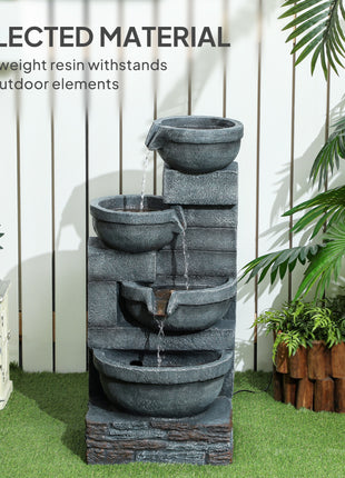 30" Tall Outdoor Waterfall Fountain with LED Lights, 4-Tier Resin Cascading Water Bowls with Pump, Gray
