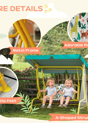 Kids Porch Swing, 2-Seater Patio Swing Bench with Safety Belts, Adjustable Canopy for Backyard, Garden, Green