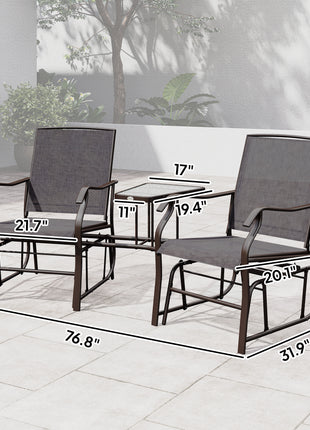 Outdoor Glider Chairs with Coffee Table, Patio 2-Seat Rocking Chair Swing Loveseat with Breathable Sling for Backyard, Garden, and Porch, Gray