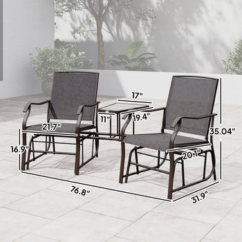 Outdoor Glider Chairs with Coffee Table, Patio 2-Seat Rocking Chair Swing Loveseat with Breathable Sling for Backyard, Garden, and Porch, Gray