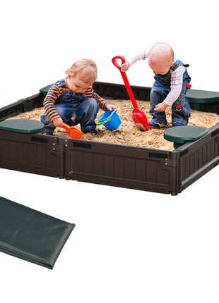 Kids Outdoor Sandbox with Cover Garden Bed, Easy Assembly for Backyard, Brown, 48.5" x 48.5" x 8.25"