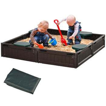 Kids Outdoor Sandbox with Cover Garden Bed, Easy Assembly for Backyard, Brown, 48.5" x 48.5" x 8.25"