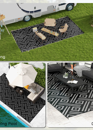 Reversible Outdoor Rug Carpet RV Camping Rugs with Carry Bag, 9' x 18', Black & Gray Geometric