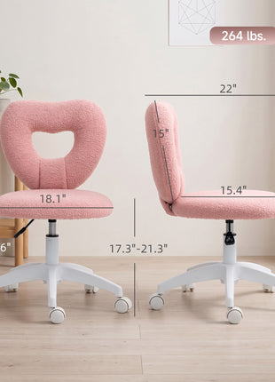 Armless Computer Desk Chair, Office Task Chair, Teddy Fleece Heart Makeup Vanity Chair with Swivel Wheels, Pink