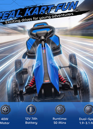 12V Electric Go Kart for Kids, Ride On Toy with EVA Tires, 2 Speeds, Adjustable Seat, Safety Belt for 3-8 Years, Blue