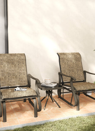 3-Piece Outdoor Gliders Set Bistro Set with Steel Frame, Tempered Glass Top Table for Patio, Garden, Light Mixed Brown