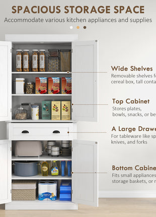 72.5" Kitchen Cabinet, Pantry Storage Cabinet with Doors and Shelves, Freestanding Food Pantry Cabinet, White Wood Grain