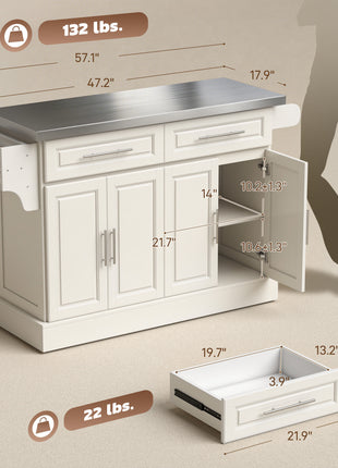 Rolling Kitchen Island with Stainless Steel Top, 2 Drawers, Spice, Knife and Towel Rack and Cabinets, Cream White