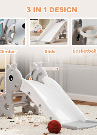 3-in-1 Toddler Slide for Age 1-3, Freestanding Kids Slide with Climber, Basketball Hoop and Ball, Giraffe Design, Gray