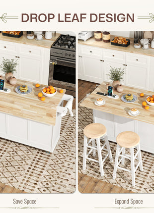 Kitchen Island on Wheels with Drop Leaf, Charging Station, Rolling Kitchen Cart with Wood Top, Adjustable Shelf, White