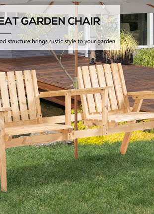Patio Bench, Garden Bench with Middle Table and Umbrella Hole, Wooden Outdoor Bench for Patio, Porch, Poolside, Balcony, Natural