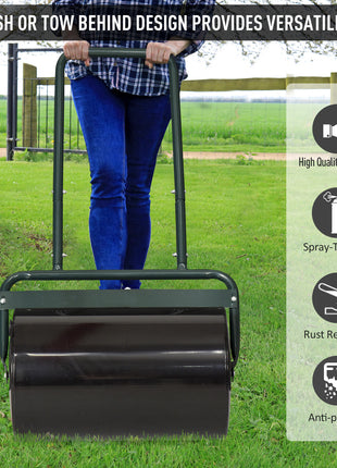 20-Inch Push/Tow Behind Lawn Roller Filled with 10 Gal Water or Sand for Flattening Sod in the Garden, Dark Green