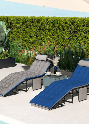 Outdoor Chaise Lounge Chair Set of 2, 5-Level Adjustable Folding Pool Lounge Chairs with Cushions, Brown/Blue