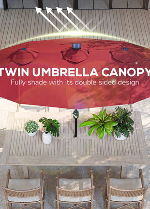Double-sided Patio Umbrella, 9.7' Outdoor Umbrella with Tilt and Crank, LED Solar Light and 12 Ribs, Wine Red