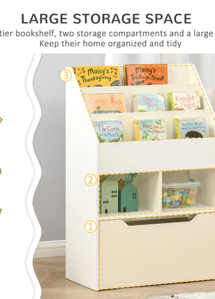 Kids Bookcase Multi-Shelf Book Rack with Mobile Drawer for Books, Toys, White