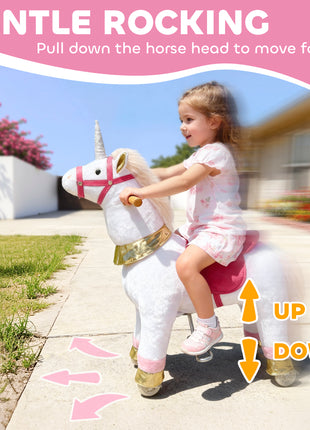 Ride on Unicorn Toy for Kids 3-5 Years, 29.5 Inch Plush Baby Rocking Horse with Wheels, No Battery Required, White