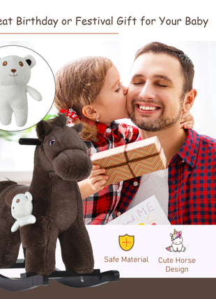 Kids Rocking Horse with Bear Toy, Plush Animal Rocker with Fun Realistic Sounds for Toddler 18-36 Months, Brown