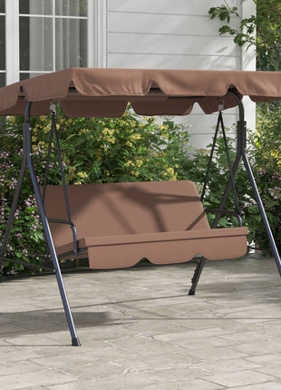 Large Family Swing Set, 3-Seat Adjustable Canopy Swing Bench with Cushion, Steel Frame Stand for Patio, Garden, Family Use, Brown