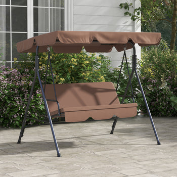 Large Family Swing Set, 3-Seat Adjustable Canopy Swing Bench with Cushion, Steel Frame Stand for Patio, Garden, Family Use, Brown