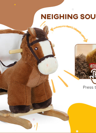 Baby Rocking Horse, Kids Ride-on with Sound, Wooden Base & Safety Belt for Ages 18-36 Months, Brown