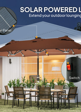 Double-sided Outdoor Patio Umbrella with Solar Lights and Base, Dining Table Umbrella Push Button Tilt, Coffee