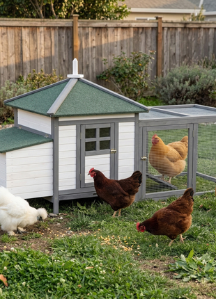 77" Wooden Chicken Coop with Nesting Box, Cute Outdoor Hen House with Removable Tray, Ramp Run, for Garden Backyard, Gray