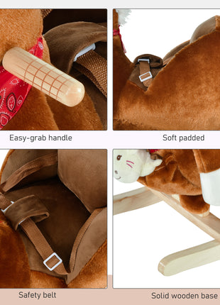 Kids Ride-On Rocking Horse Toy, Rocker with Lullaby Song, Hand Puppets & Soft Plush Fabric for Children 18-36 Months, Brown