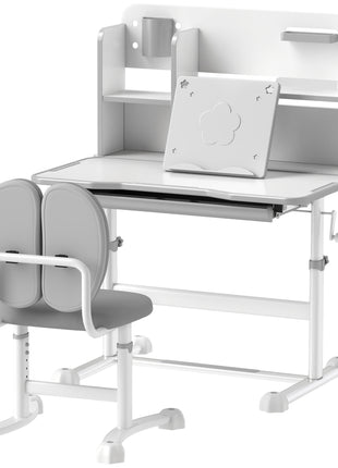 Height Adjustable Kids Desk and Chair Set for Writing Drawing w/ Tilt Desktop, Storage Drawer and Reading Rack, Gray